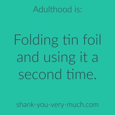 Text box that reads "adulthood is folding tin foil and using it a second time."