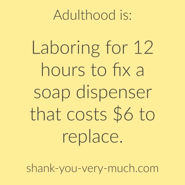 Text box that reads "adulthood is laboring for 12 hours to fix a soap dispenser that costs $6 to replace."